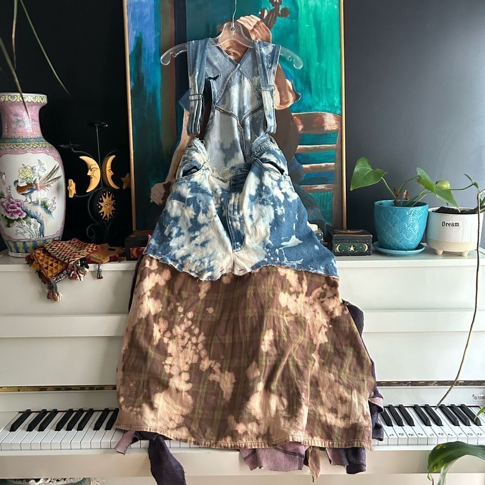 Upcycled Patchwork Denim Dress Tie Dye One Size Boho Festival Artwear Maxi